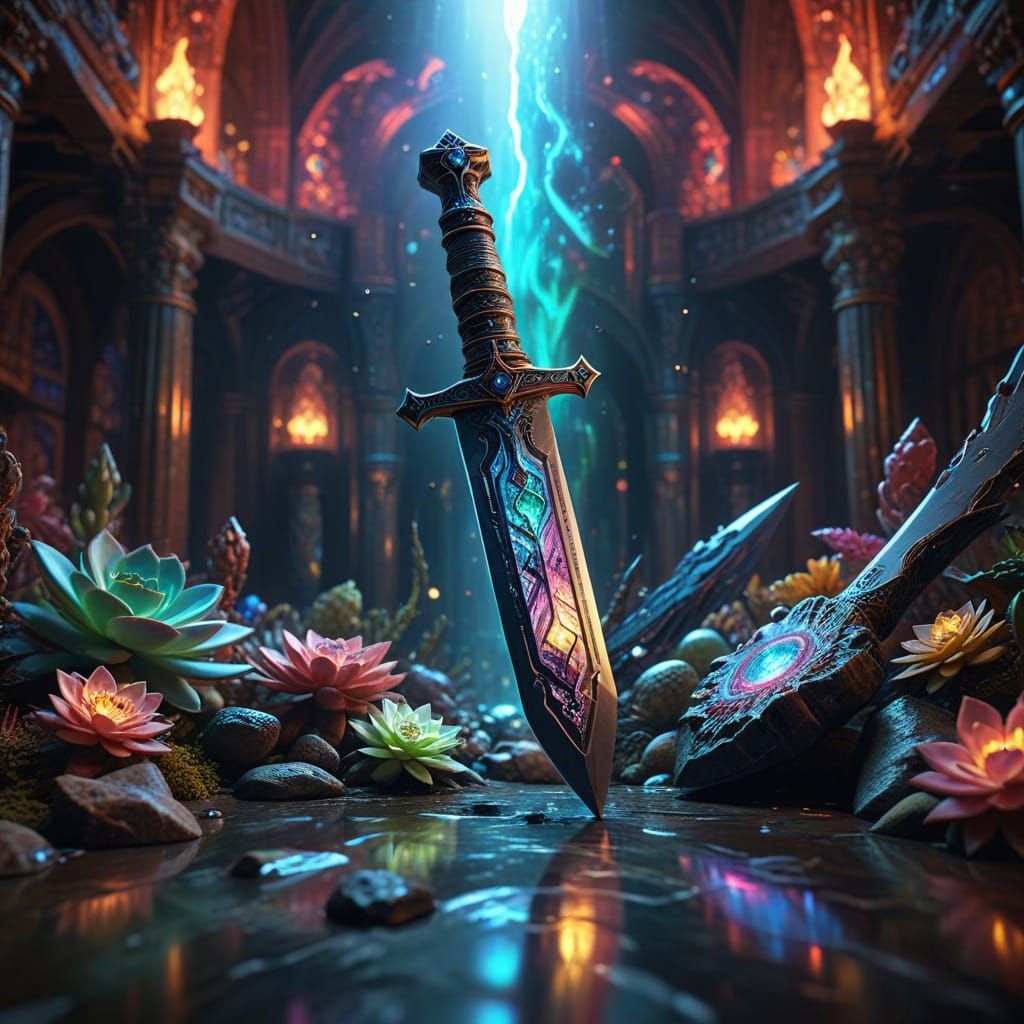 Epic Damascus Steel Dagger in Vibrant Fantasy Setting
