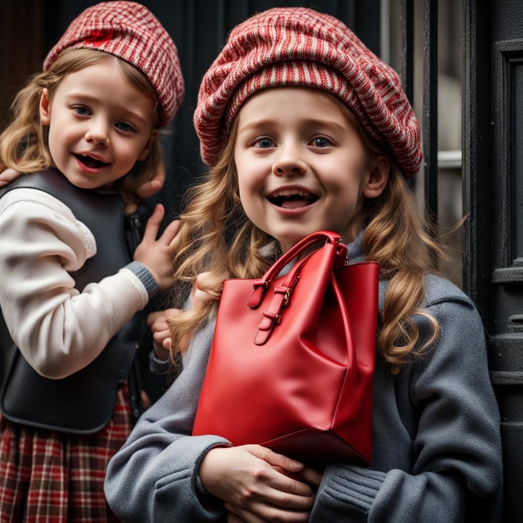 The girl clutching the bag in the start image is now crying,...
