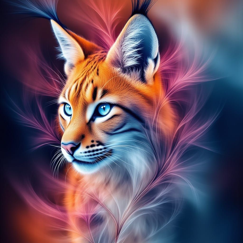 abstract image of a lynx : playful use of color evoking a dreamlike, poetic atmosphere, the lighting is bright and a vivid, there is a harmo...