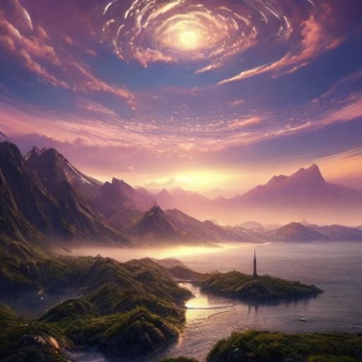 Incredibly detailed fantasy concept art of a beautiful sunset over the mountains closeup, bokeh, realistic, macrophotography, intricately de...