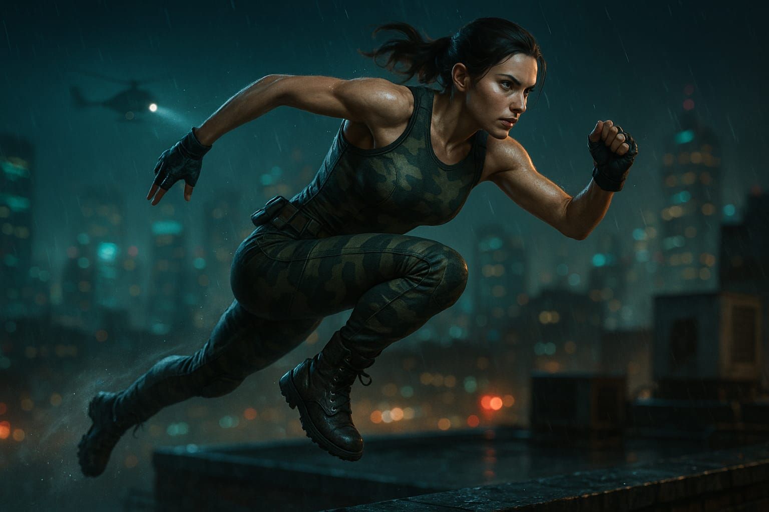 Action heroine jumps from roof to roof