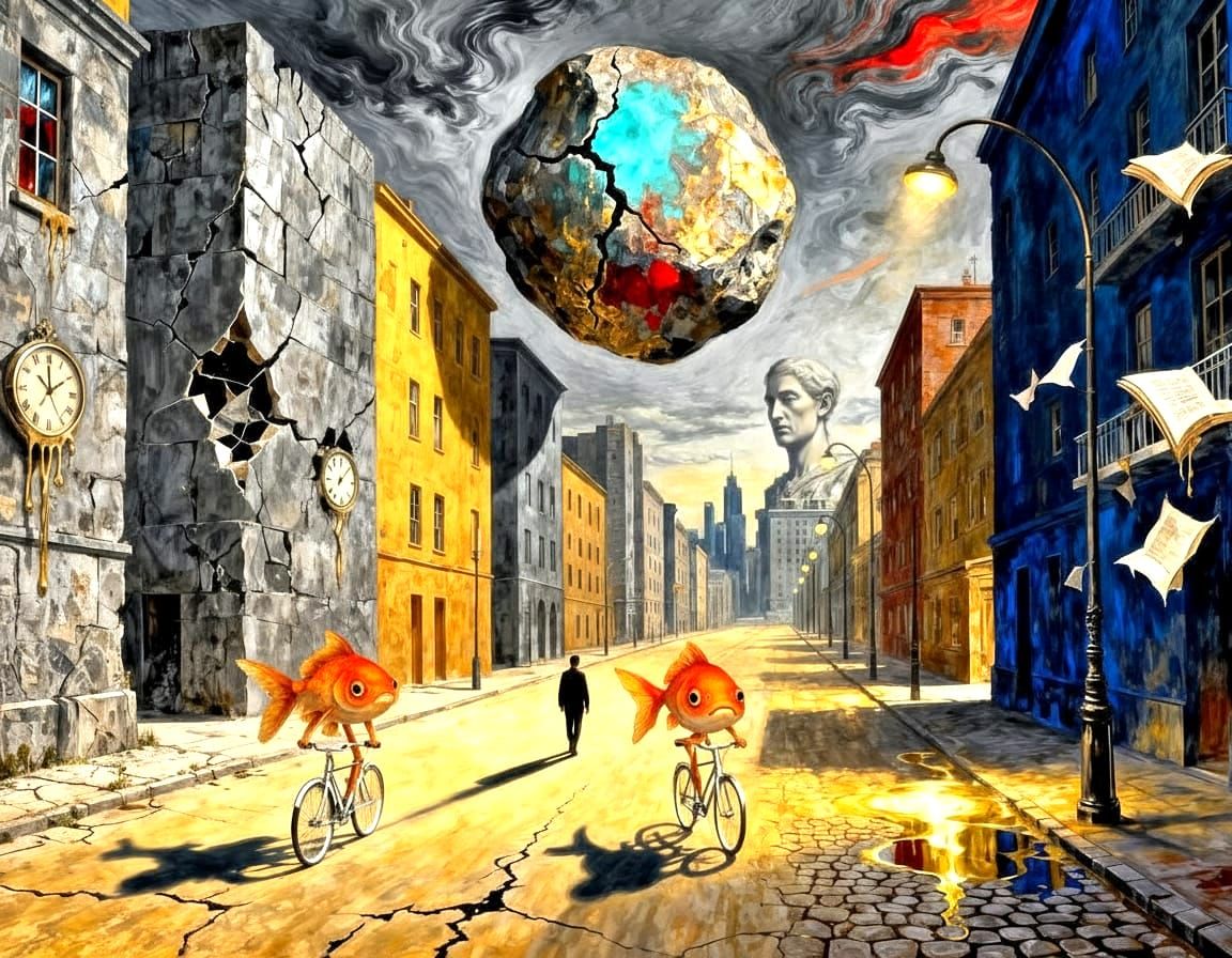 *An oil painting of a surreal existential cityscape, blending Camus’ stark minimalism with Dalí’s distortions. ...  by @FluffWuff