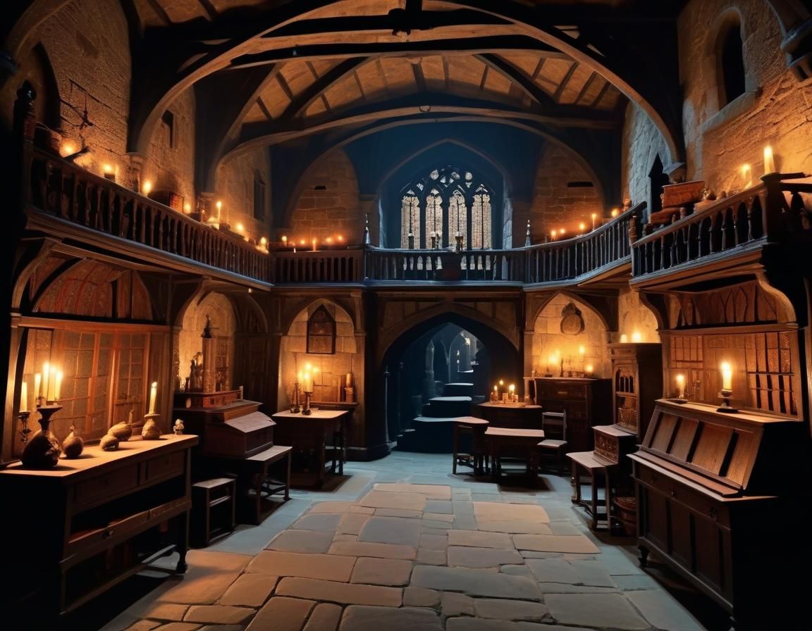 dimly lit chambers of medieval lairs, adorned with antique f...