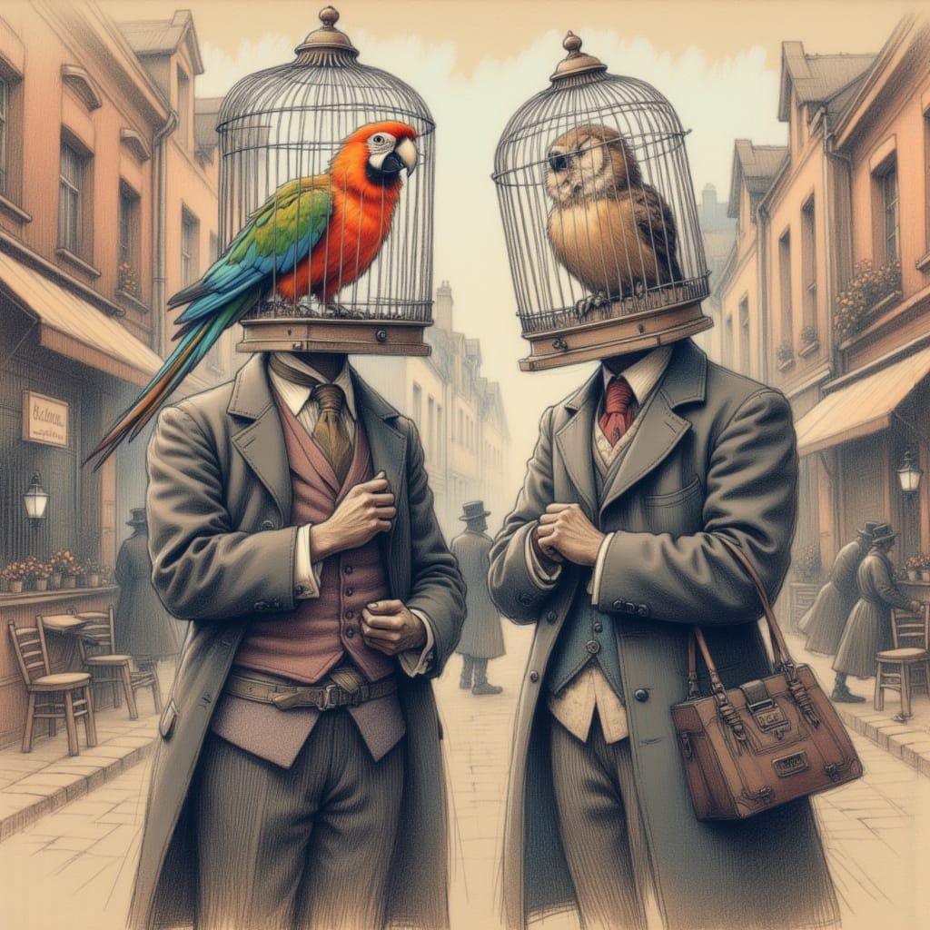<lora:province:1.0> two gentlemen with bird cages instead of heads. Humorous oil crayon sketch