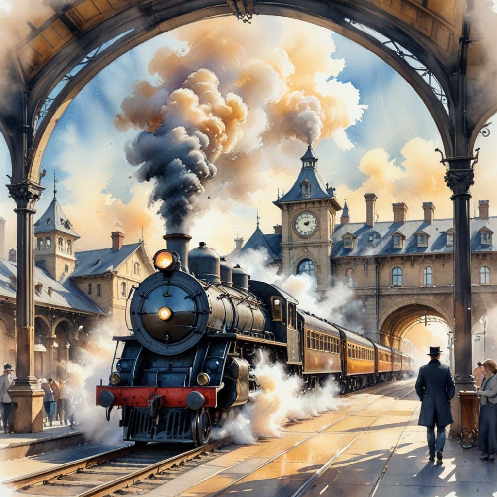 1920s train station in urban watercolor sketch style