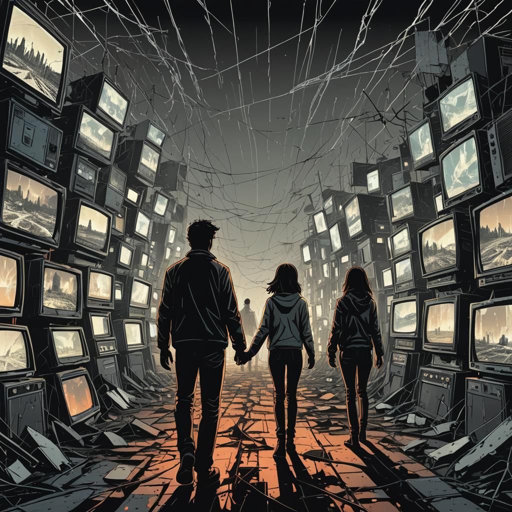 dystopian graphic novel with muted colors. large walls of televisions. A large valley created by walls of thousands of cracked and broken te...