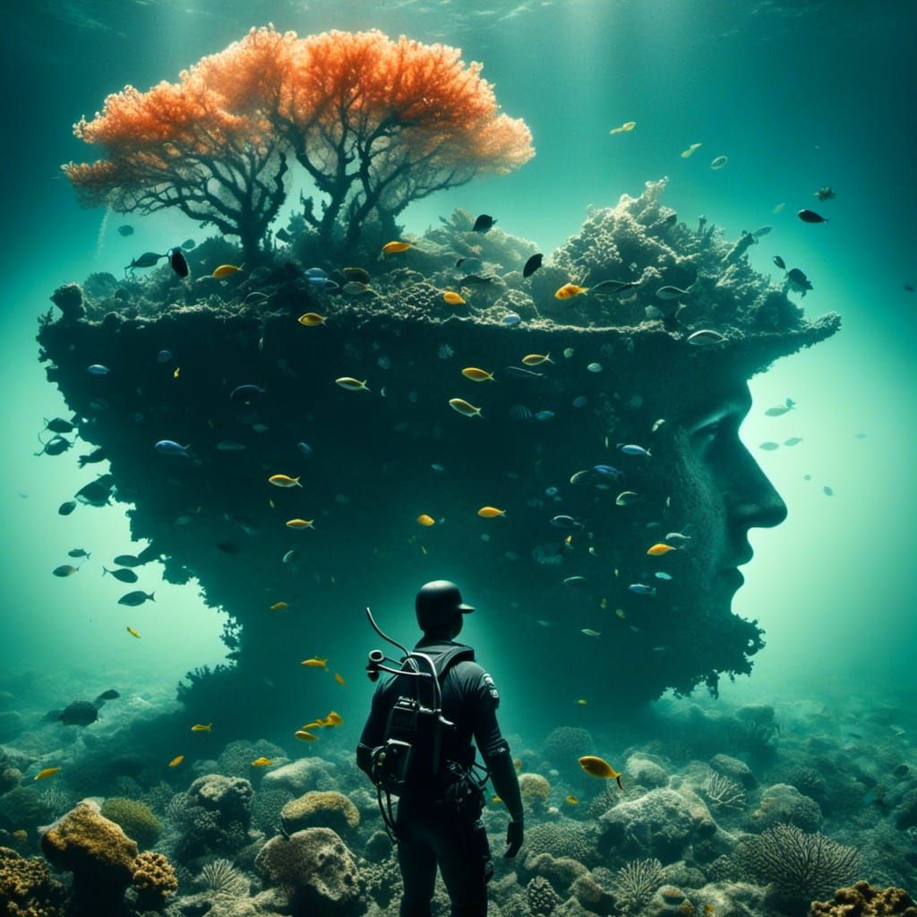 <lora:Surreal Mystery:1.0> This is a surreal image of an underwater scene with the silhouette head and shoulders of a man in profile. The s...