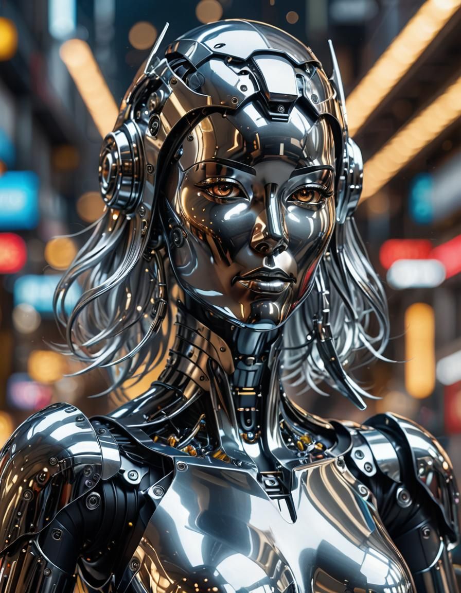 Shiny chrome metal, female shaped sculpture, robot, Hajime S...