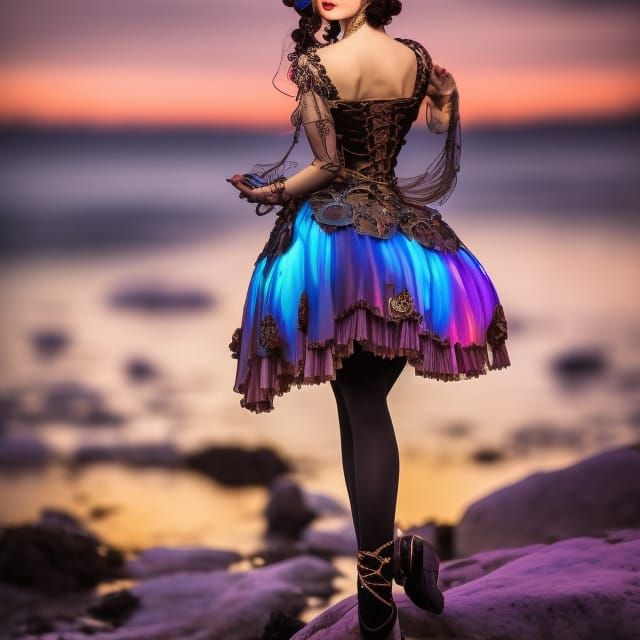beautiful Steampunk ballerina in an Intricate detailed vivid ballet dress dancing by ocean in moonlight, by Anna Dittman...