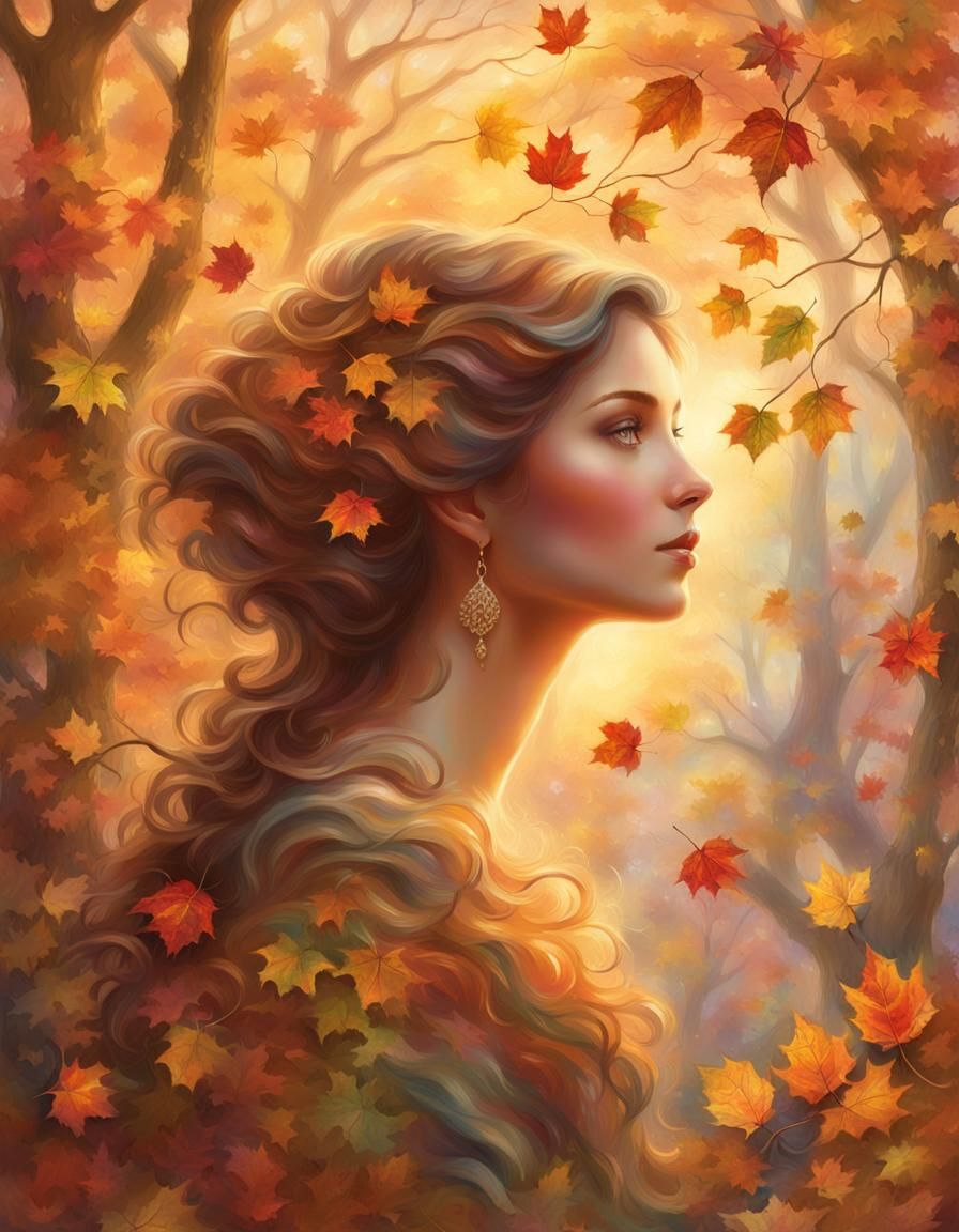 a graceful, melancholic goddess of autumn, adorned with flow...