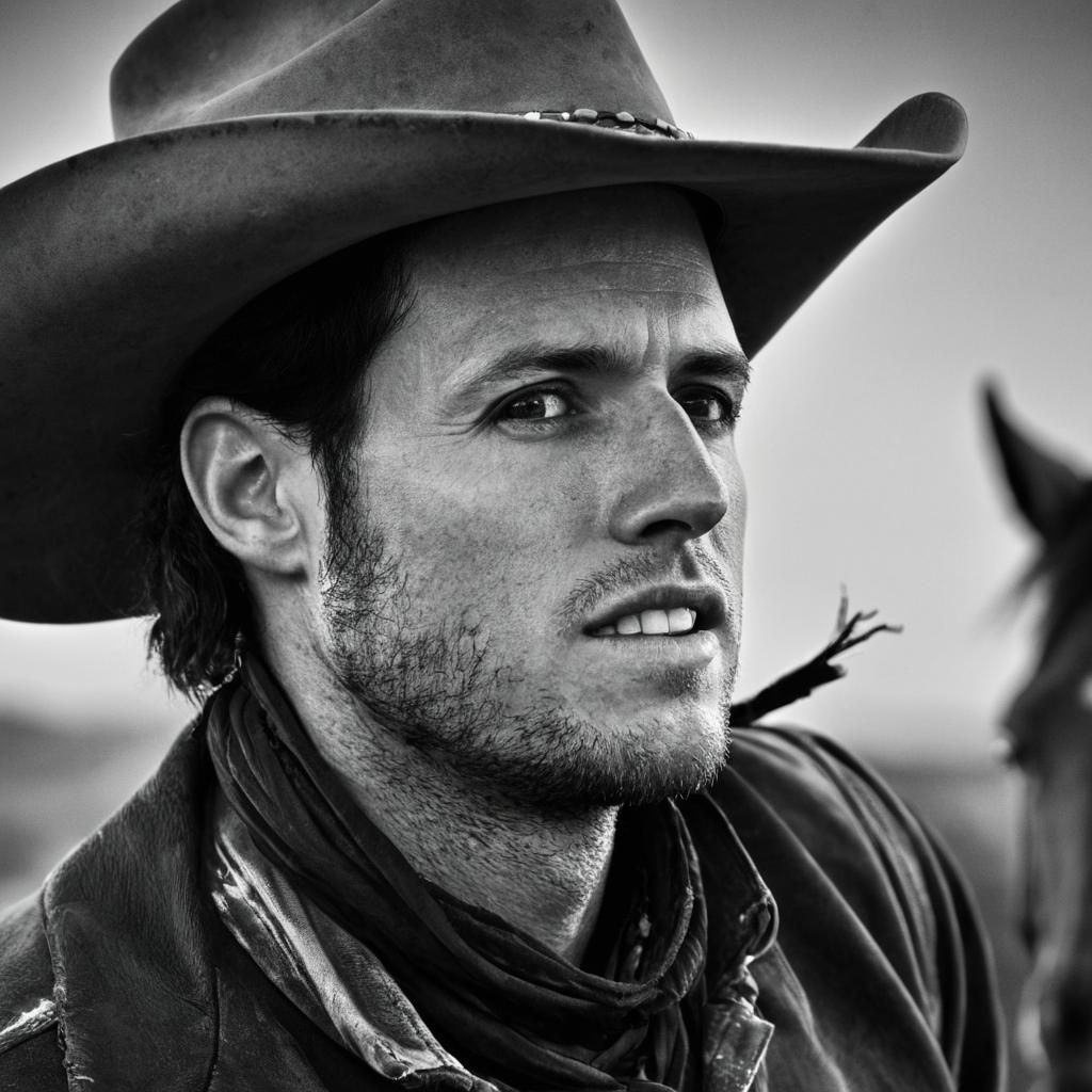 Cowboy Rides Horse in Wild Desert: Cinematic Portrait
