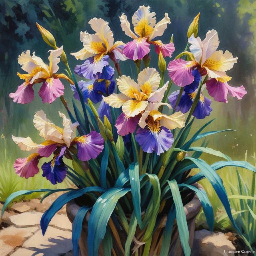 Iris Flowers  oil painting by James Gurney in Gouache Style,...