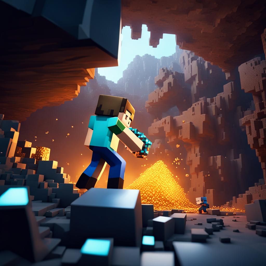 Minecraft Steve Mining A Diamond Ore In A Cave - Ai Generated Artwork 