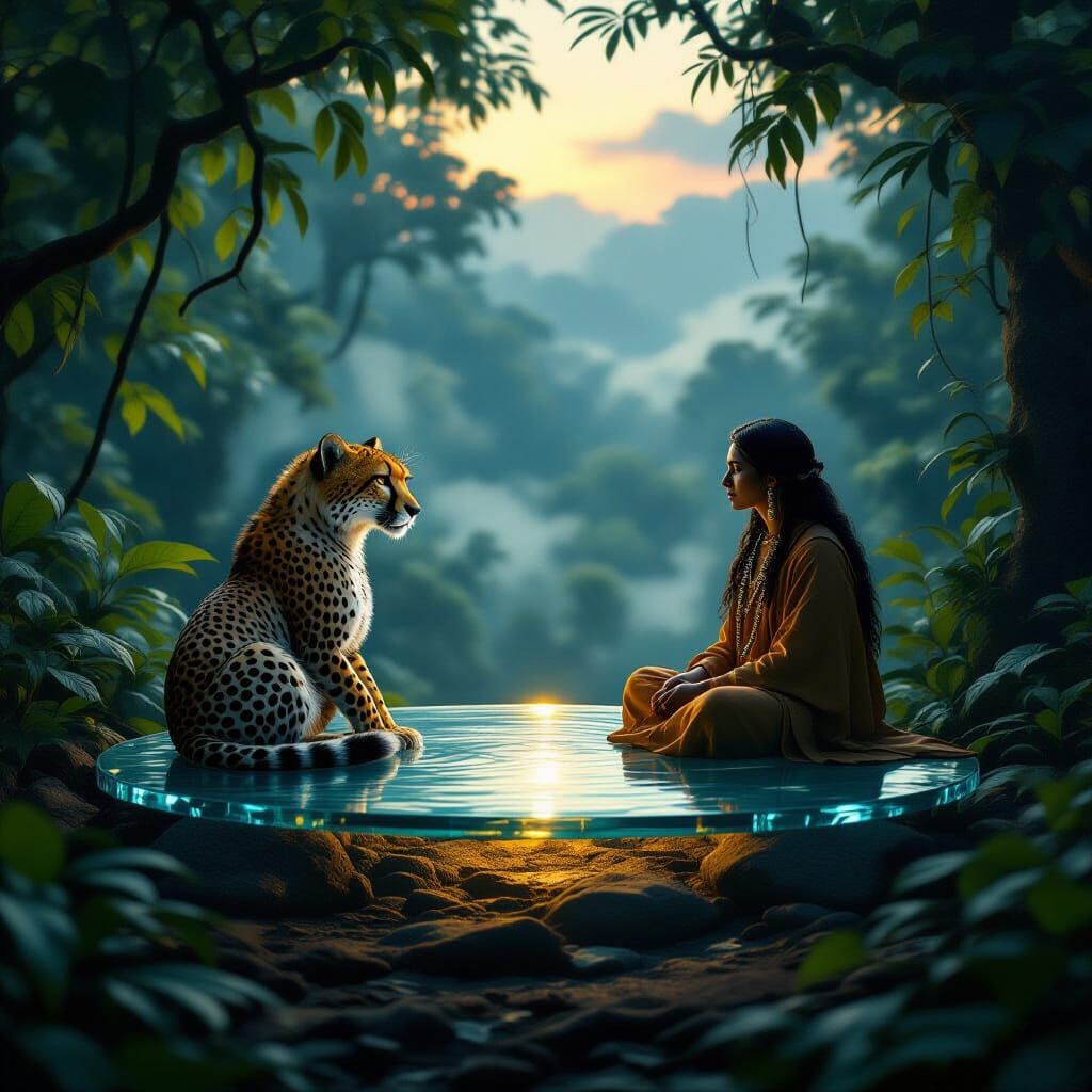 Стиль магического реализма. Гипердетализированная сцена. В густом лесу Амазонии магическое существо — гипард с глубокими золотыми глазами — ...