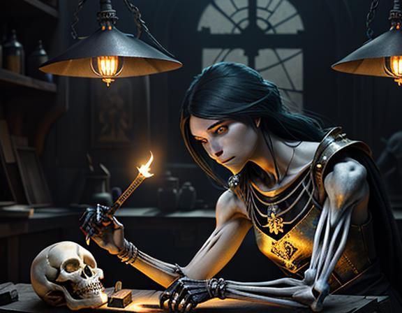 a female furry skeleton repairing a femur at a workbench. a ...