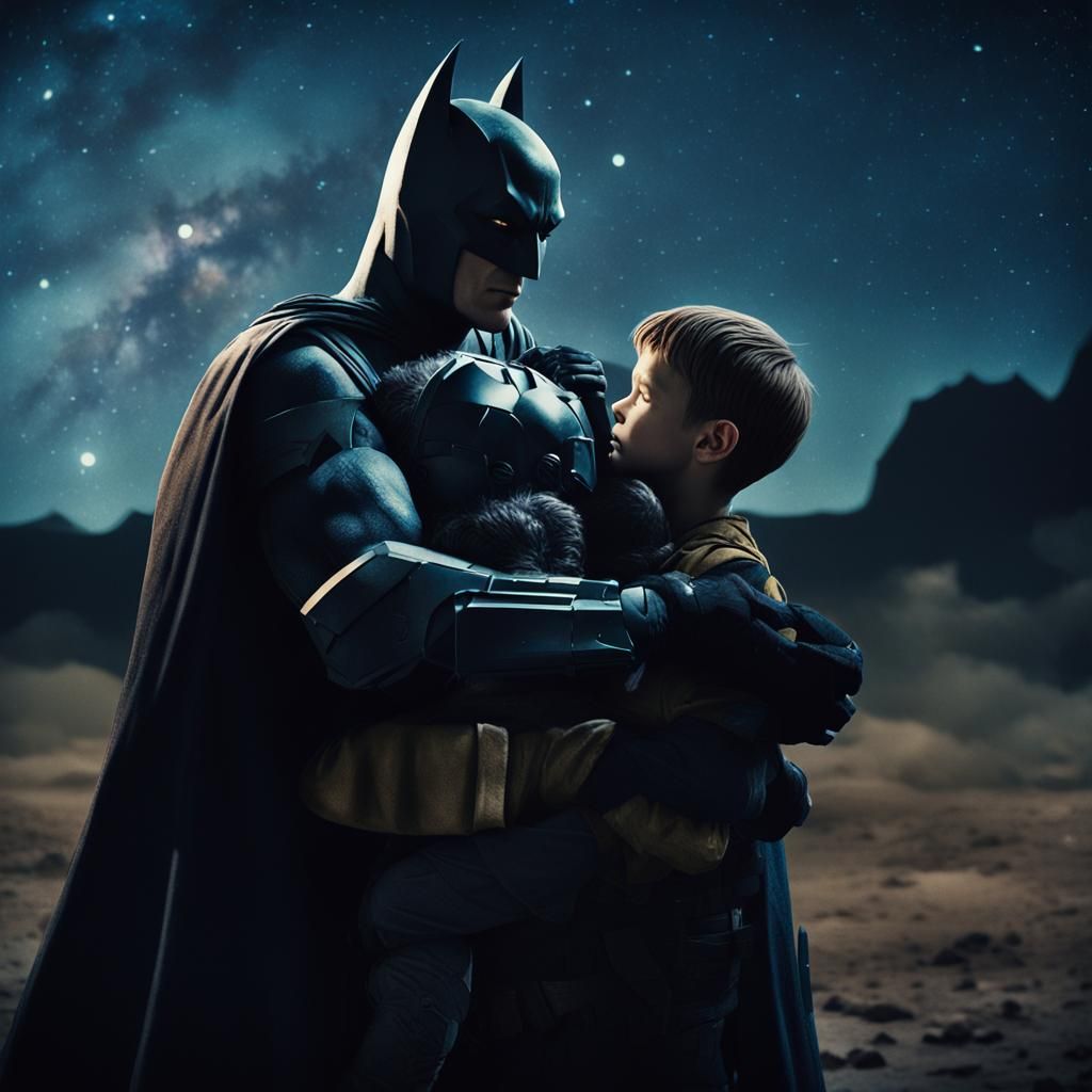 Batman picks up and hugs war orphans. Milky way. Moonlight
