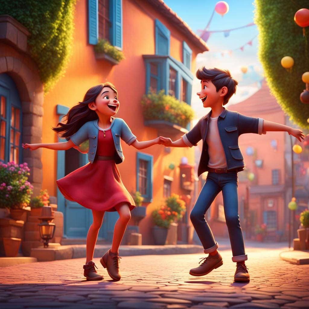 A happy girl and a happy boy dancing on a beautiful village ...