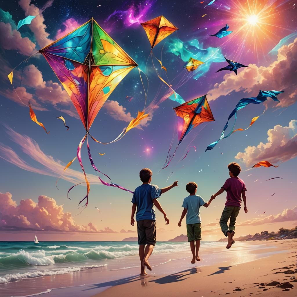two colorful kites being flowin by 2 boys over the beach