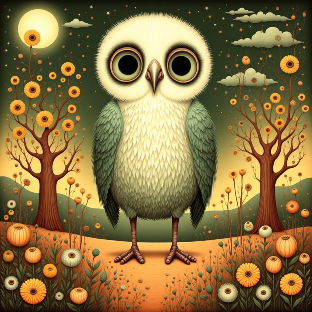 <lora:Quirky Charm:1.0> illustration, whimsical, surreal,  vulture character, style of nicoletta ceccoli and mark ryden Screen print, pop ar...