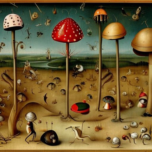 Mushrooms and insects in the style of Hieronymus Bosch 