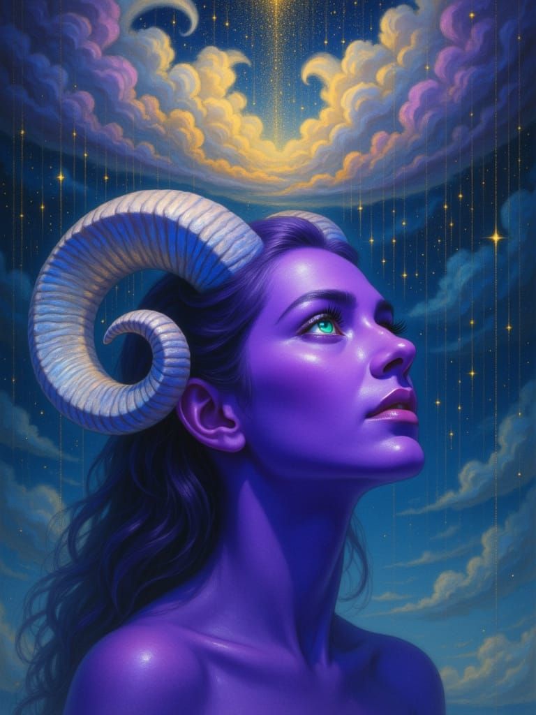<lora:Ram horns:1.0> A close up of a beautiful purple woman with "curled white with irrdesent blue ram horns" 8k resolution concept art , gl...