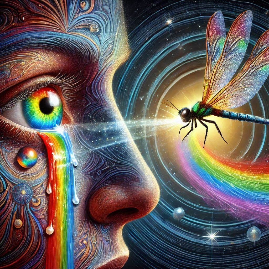 the transformative of a person with open eye with rainbow te...