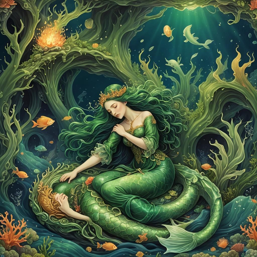Queen of the mermaids sleeping in the green fire of the deep ocean