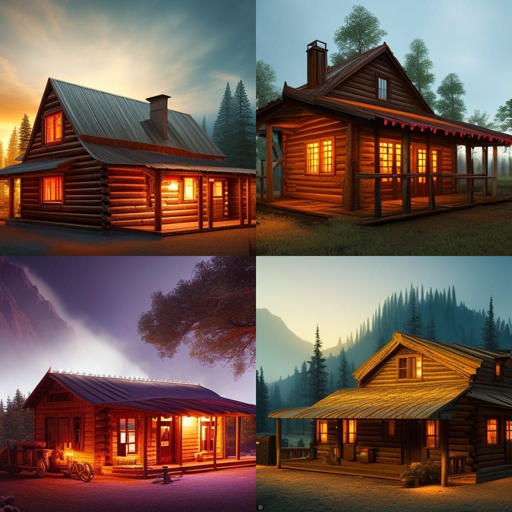 Old western cabin under a neon lamp, Epic cinematic brillian...