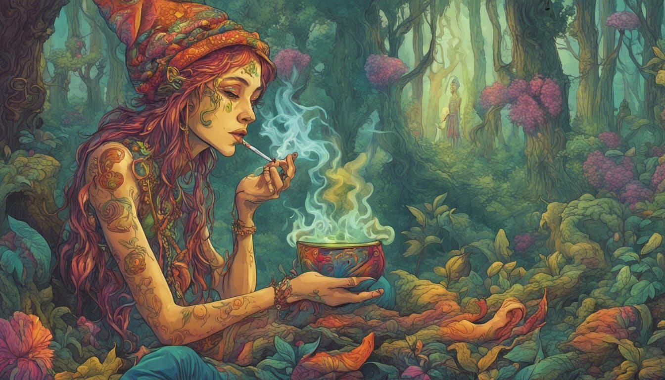 a psychedelic forest elf smoking pot