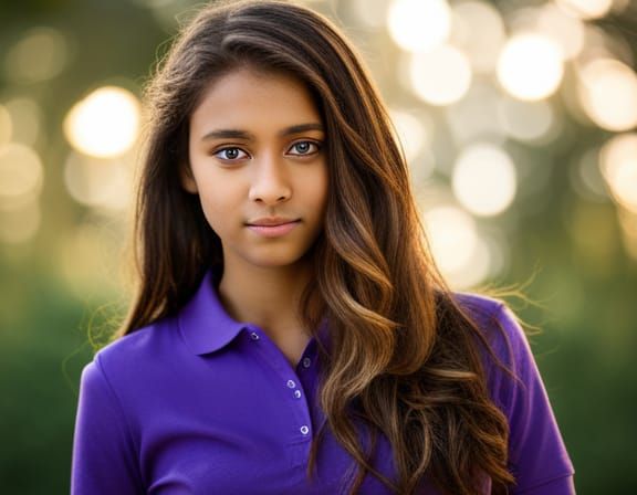 16-year-old girl with Blue eyes, chestnut hair, dark tan ski...