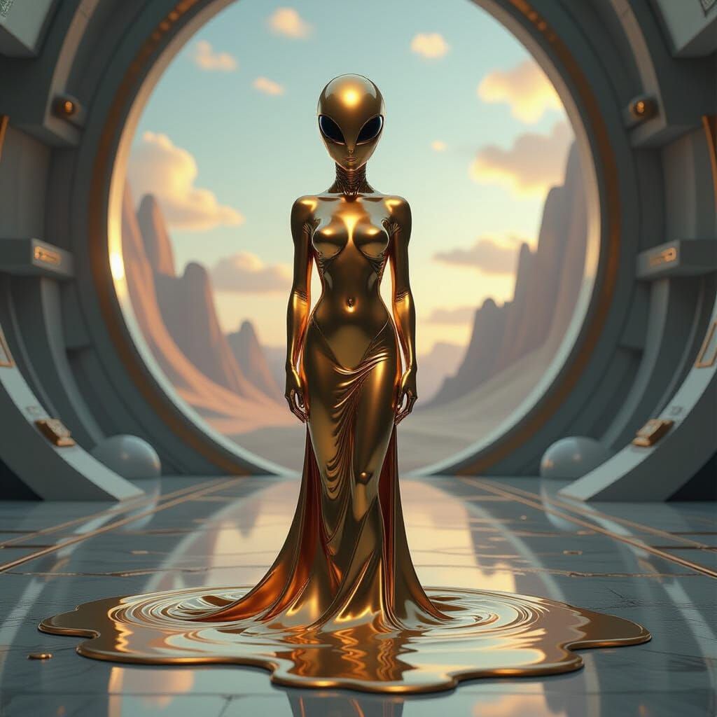 Golden statue of an alien is melting  by @MrMachineElf