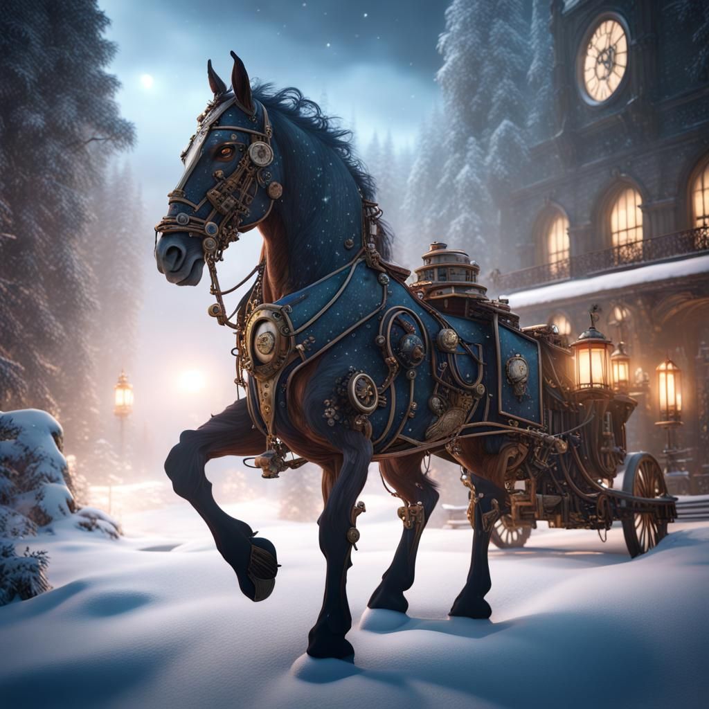 Steampunk horse on a winters night, ready to start his journey.  by @Diggs Diggy