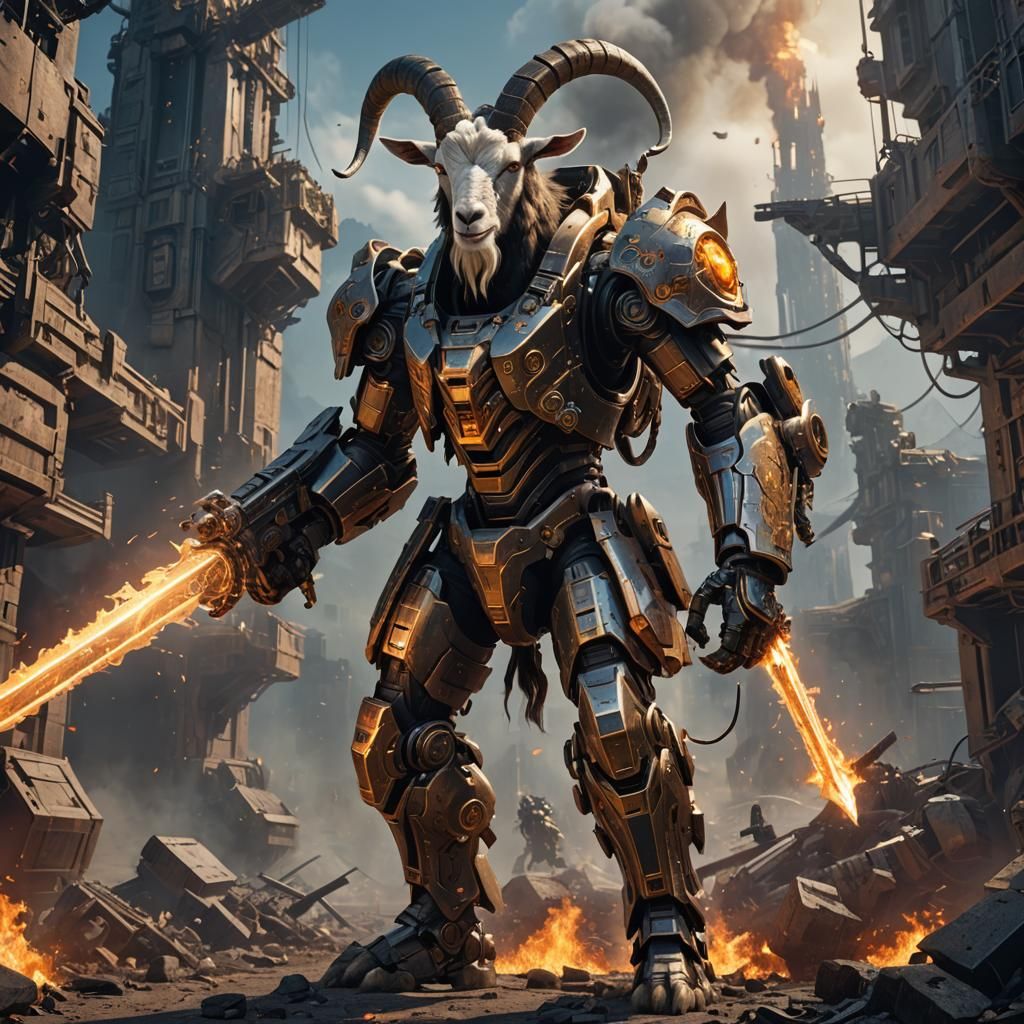 a goat in a mech suit with a sword on fire and a gun
