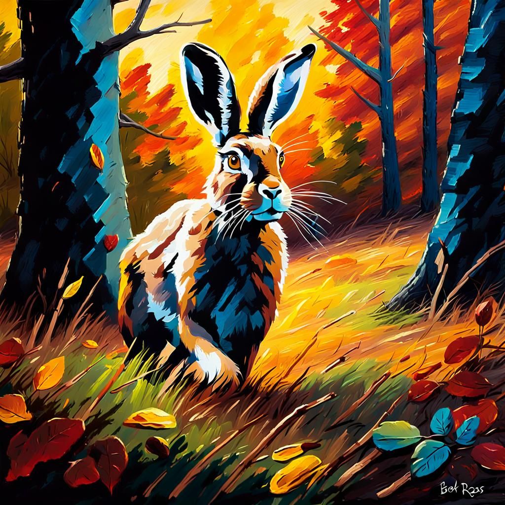 Hare in Sunlit Forest, Impasto Landscape Painting
