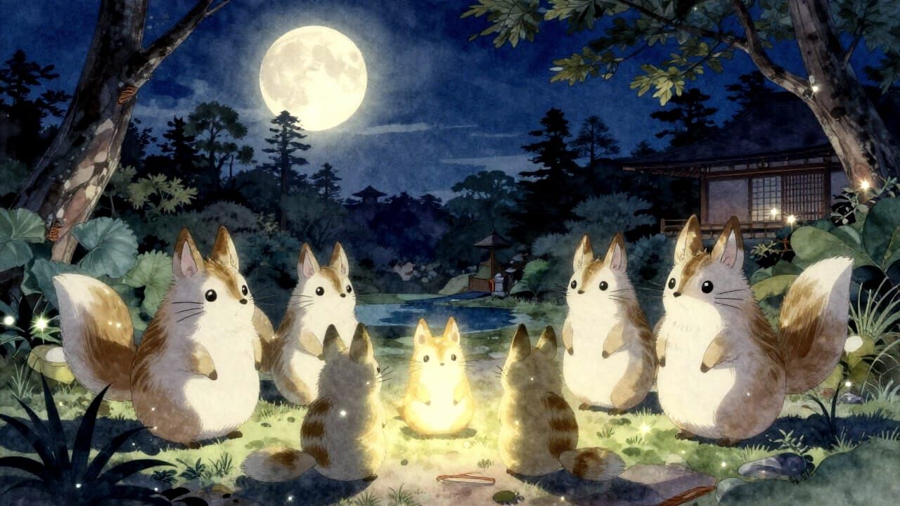 Magical Kitsu Friends in Serene Japanese Garden