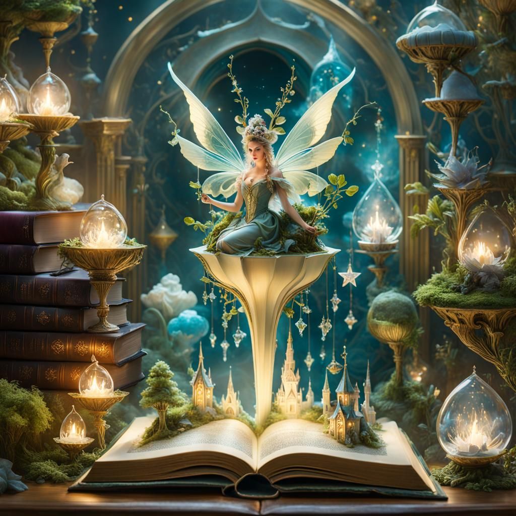 Whimsical Fairy Kingdom Emerging from Book, Digital Art