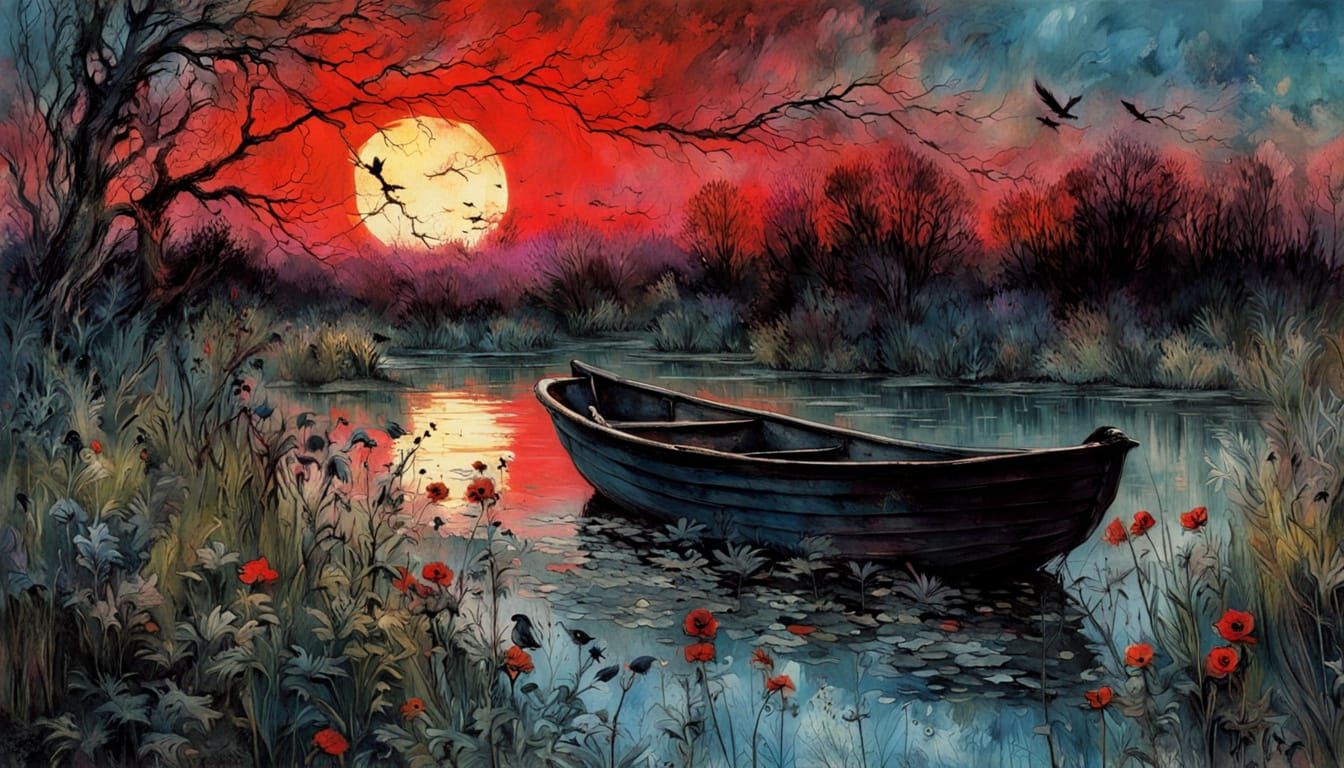 ((A stunning jackdaw with blue eyes)), dark sunset, a small boat on a swampy river, wildflowers, by c215, ...  by @5Foot3 Marie