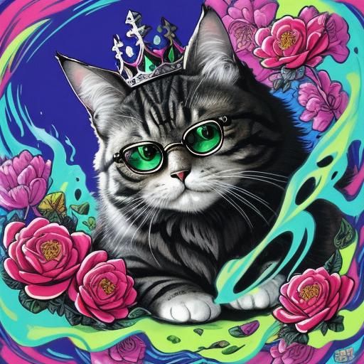 Anime Cat with Crown, Skulls, and Flowers