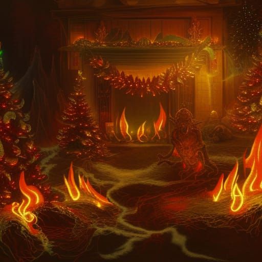 Demons melting in fire surrounded by Christmas lights AI Generated
