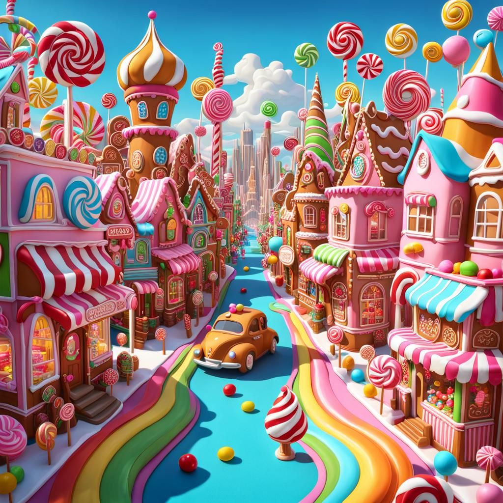 gingerbread and candy metropolis, street view, Candy art sty...