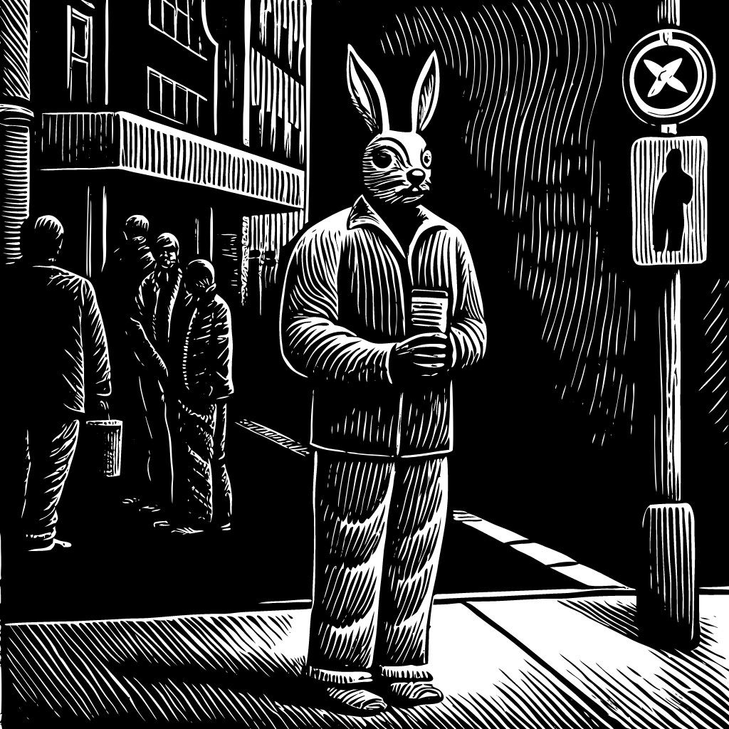 Dead Shades of Color Neighborhood at night MiSter Rabbit waits for the bus