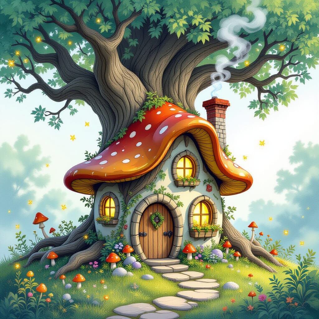 A whimsical, tiny fairy cottage nestled within the roots of a colossal, ancient blossom tree. The cottage is constructed from iridescent mus...