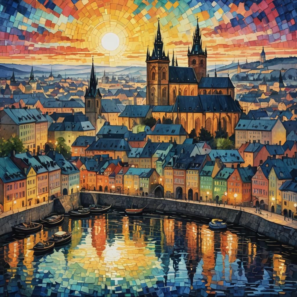 Czech City watercolor glowing neon concept art serene seascape ...