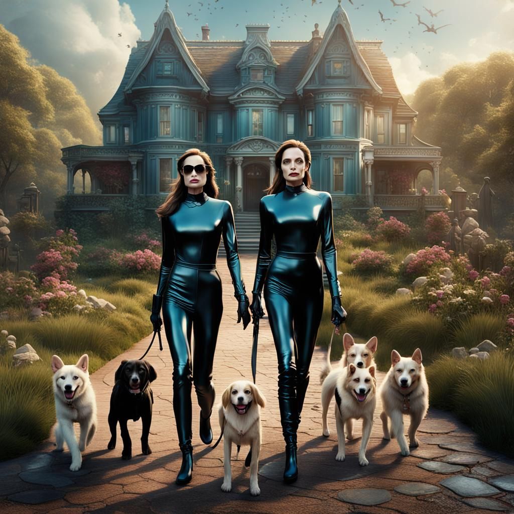 Angelina Jolie dressed in a latex catsuit takes her dogs for a walk ...