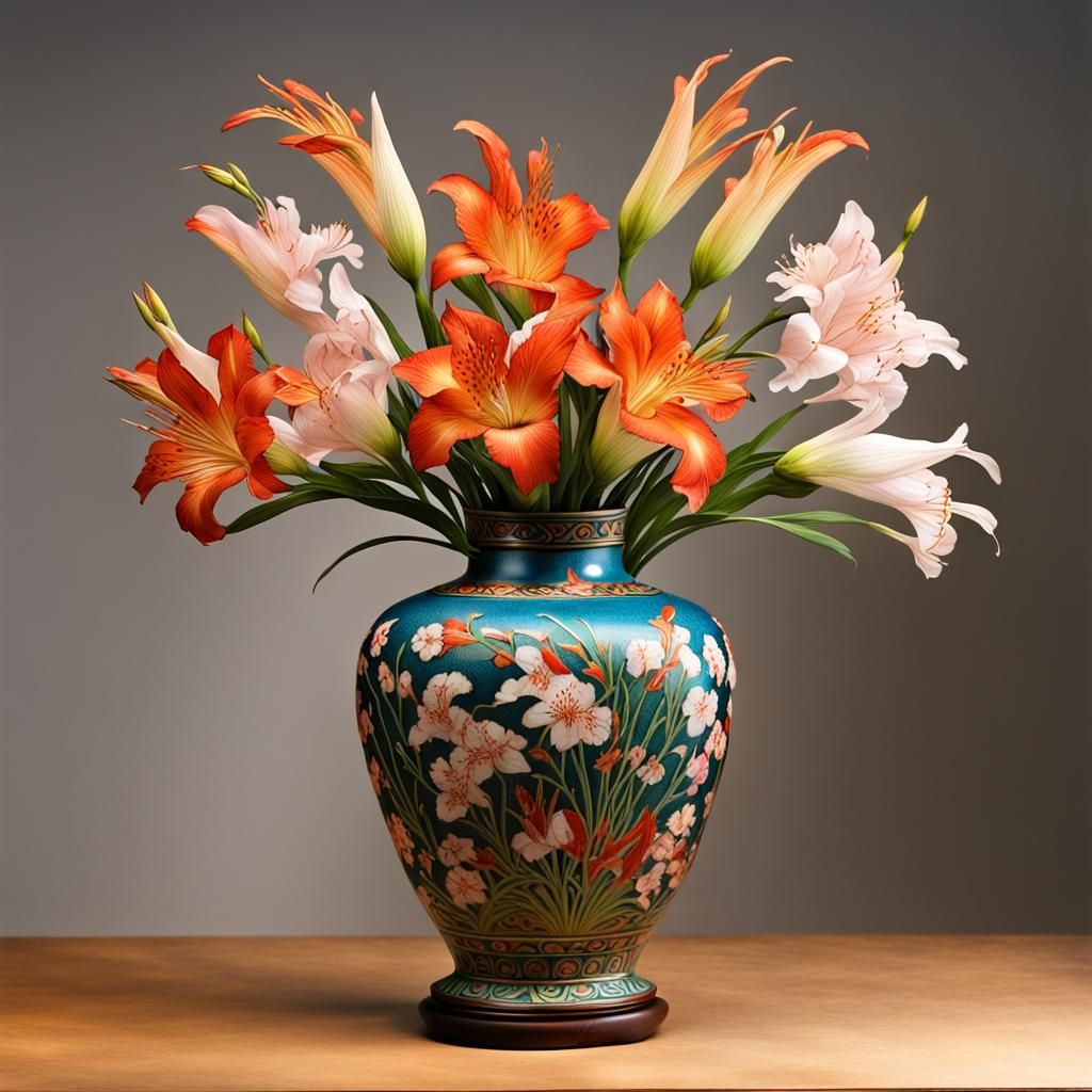 Cloisonne vase with Alstroemeria and Gladiolus flowers  by @Phaedrus