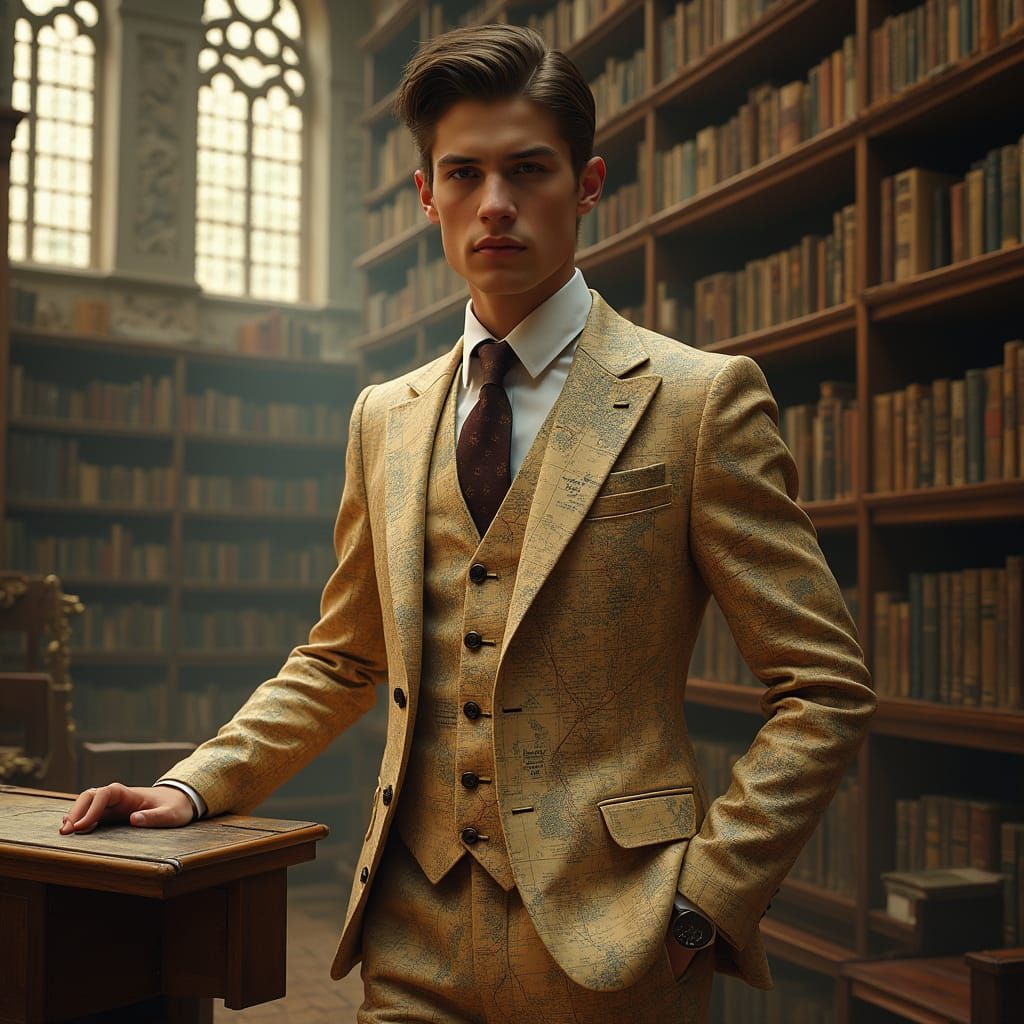 A handsome young man, clad in a tailored suit crafted from recycled vintage maps, stands in a grand library filled with towering bookshelves...