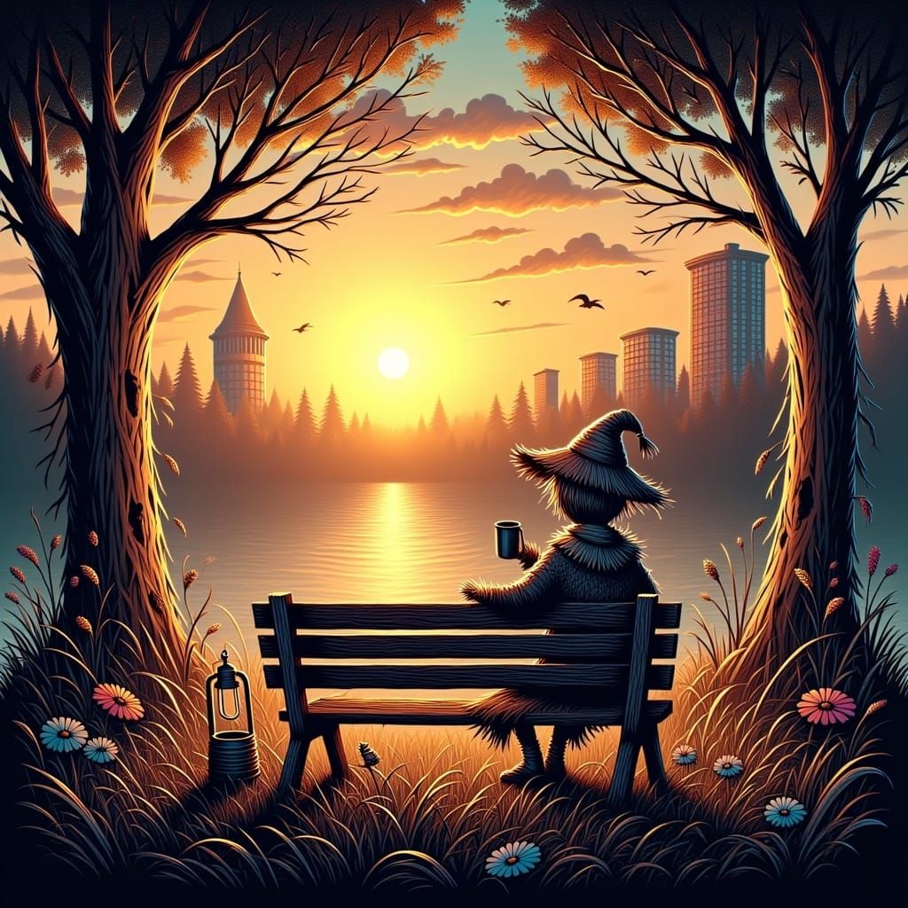 <lora:Steampunk Scarecrows:1.0> A person sitting on a park bench, sipping coffee and watching the sunrise.