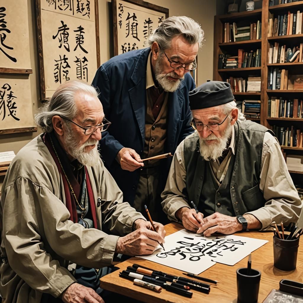 Old wise man teaching calligraphy to young student Alex Hirs...