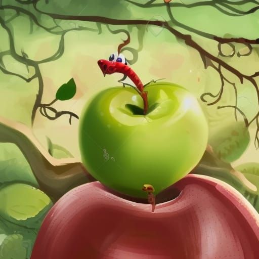 fantasy portrait, cute little worm living in an apple in a g...