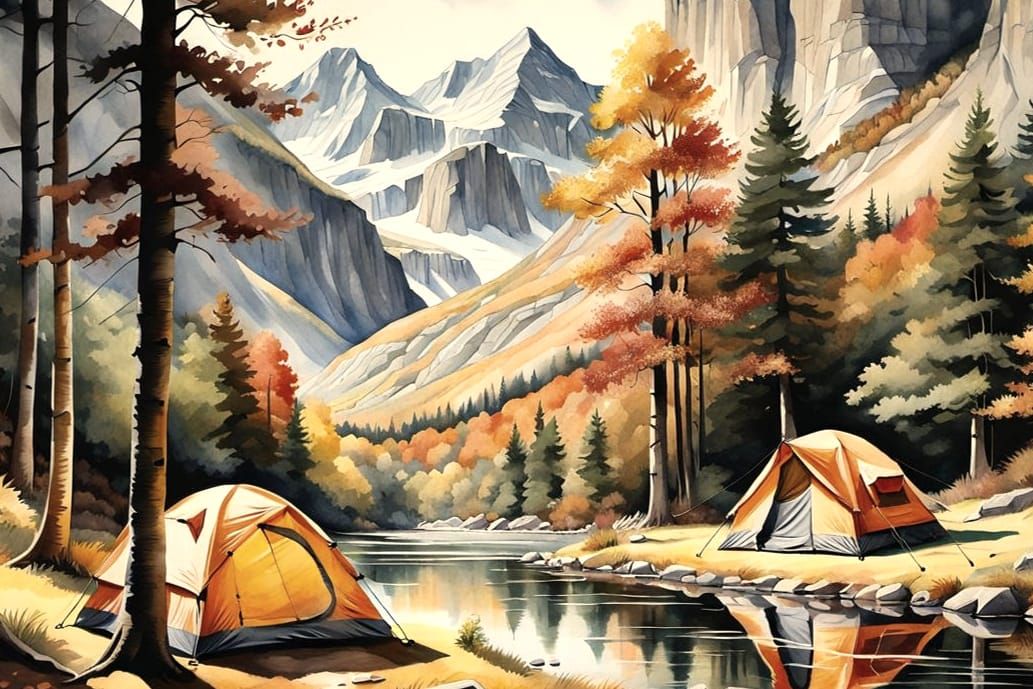 Campsite in Woods Watercolor Illustration